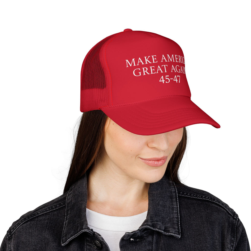 Trucker Cap — "Make America Great Again 45-47" Red Mesh Hat